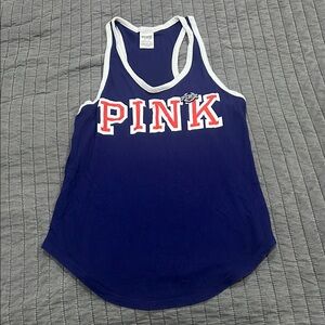 PINK Victoria's Secret Blue and White Sleeveless Tank Top